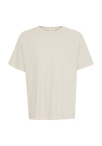 Light gray, short-sleeve T-shirt with a round neck. Made from soft, textured fabric with a subtle logo print on the front.