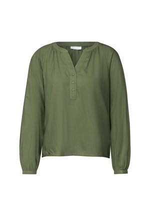 Blusa verde oliva a maniche lunghe con scollo a V, placket con bottoni e dettagli arricciati sulle spalle e sui polsini. Tessuto di consistenza liscia.