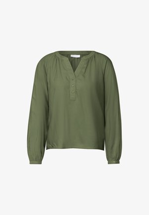 Olivově zelená blůza s dlouhým rukávem, V-výstřihem, knoflíkovou légou a nařasenými detaily na ramenou a manžetách. Hladká textilie.