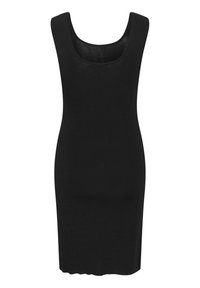 Robe noire sans manches avec un décolleté arrondi, conception ajustée et texture lisse avec un ourlet sans couture.