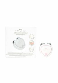 Mini microcurrent facial toning device in white and pink. Rounded triangular shape with silver accents and textured buttons on the front.