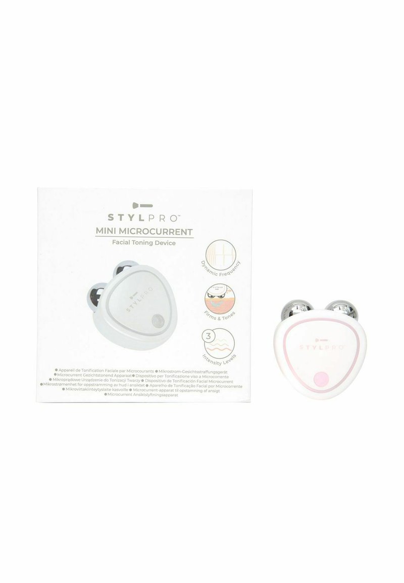 Mini microcurrent facial toning device in white and pink. Rounded triangular shape with silver accents and textured buttons on the front.