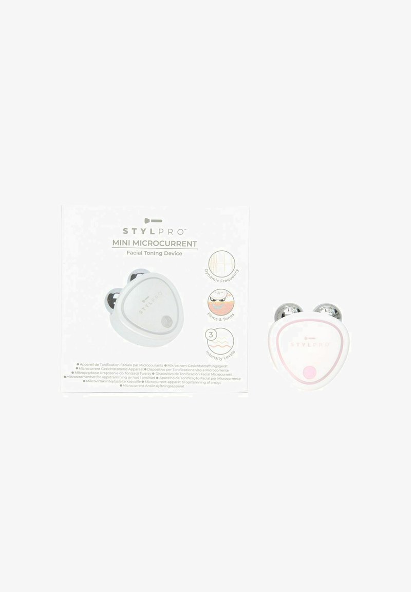 Mini microcurrent facial toning device in white and pink. Rounded triangular shape with silver accents and textured buttons on the front.