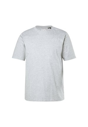 Graues Baumwoll-T-Shirt mit Rundhalsausschnitt, kurzen Ärmeln und einem kleinen weißen Logo auf der linken Brustseite. Schlichter, unstrukturierter Stoff.
