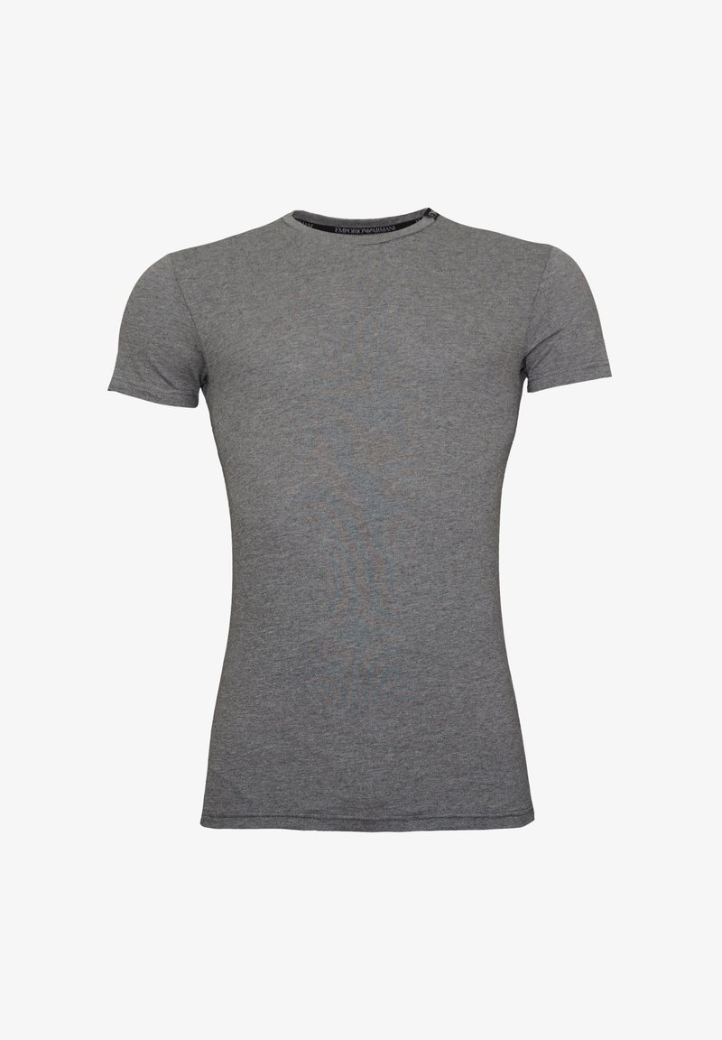 Siva majica s kratkimi rokavi, izdelana iz mehkega materiala, s krojnim izrezom in prilagojeno silhueto. Brez vidnih vzorcev ali okrasnih elementov.