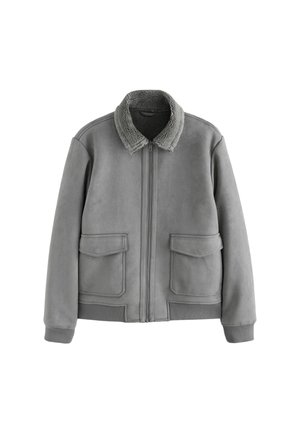 Gray suede jacket with a fuzzy collar, zip closure, two front patch pockets, ribbed cuffs, and hem. Smooth texture with a soft finish.