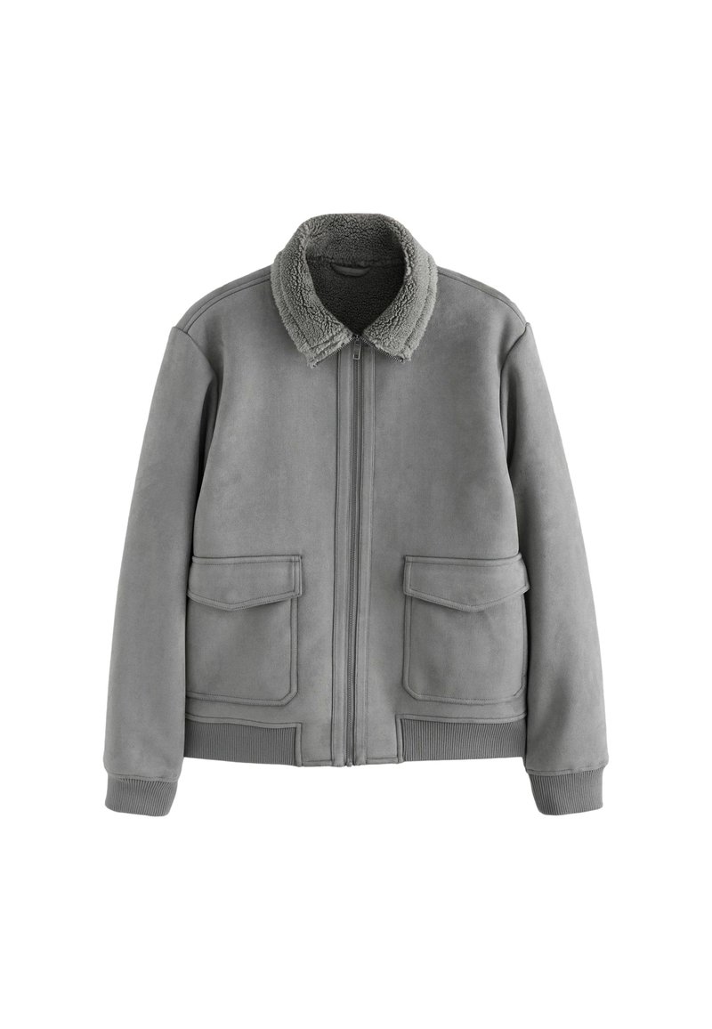 Gray suede jacket with a fuzzy collar, zip closure, two front patch pockets, ribbed cuffs, and hem. Smooth texture with a soft finish.