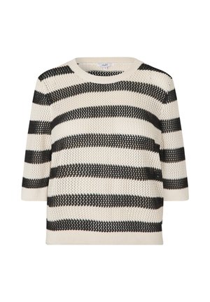 Strickpullover mit breiten schwarz-weißen Streifen, Rundhalsausschnitt, kurzen Ärmeln und offener Maschenstruktur.