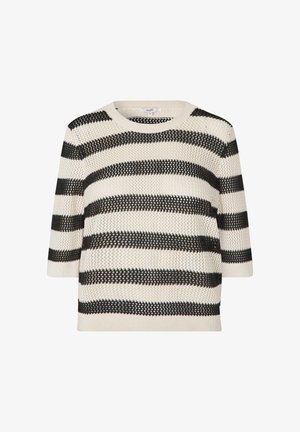 Maglione lavorato a maglia con ampie strisce bianche e nere, scollo rotondo, maniche corte e una trama a maglia aperta.