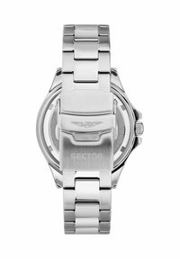 Zilveren horloge van roestvrij staal met een geborstelde afwerking, voorzien van een schakelenarmband, gepolijste accenten en een gesp gegraveerd met de merknaam.