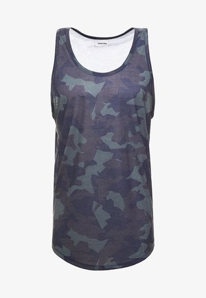 Varsitoppi ilman hihoja tummansiniharmaassa kamouflagekuviossa, valmistettu kevyestä kankaasta, jossa on pyöreä kaula-aukko ja rento istuvuus.