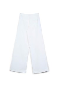 Pantaloni bianchi a gamba larga con una texture liscia, vita alta e due tasche posteriori. L'orlo è leggermente svasato e rifinito in modo pulito.