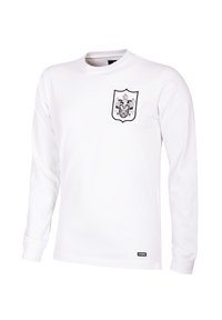Witte longsleeve t-shirt van katoen, met een zwart schildafbeelding op de borstzak, ronde halslijn en geribde mouwen.