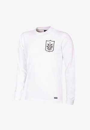 Witte longsleeve t-shirt van katoen, met een zwart schildafbeelding op de borstzak, ronde halslijn en geribde mouwen.