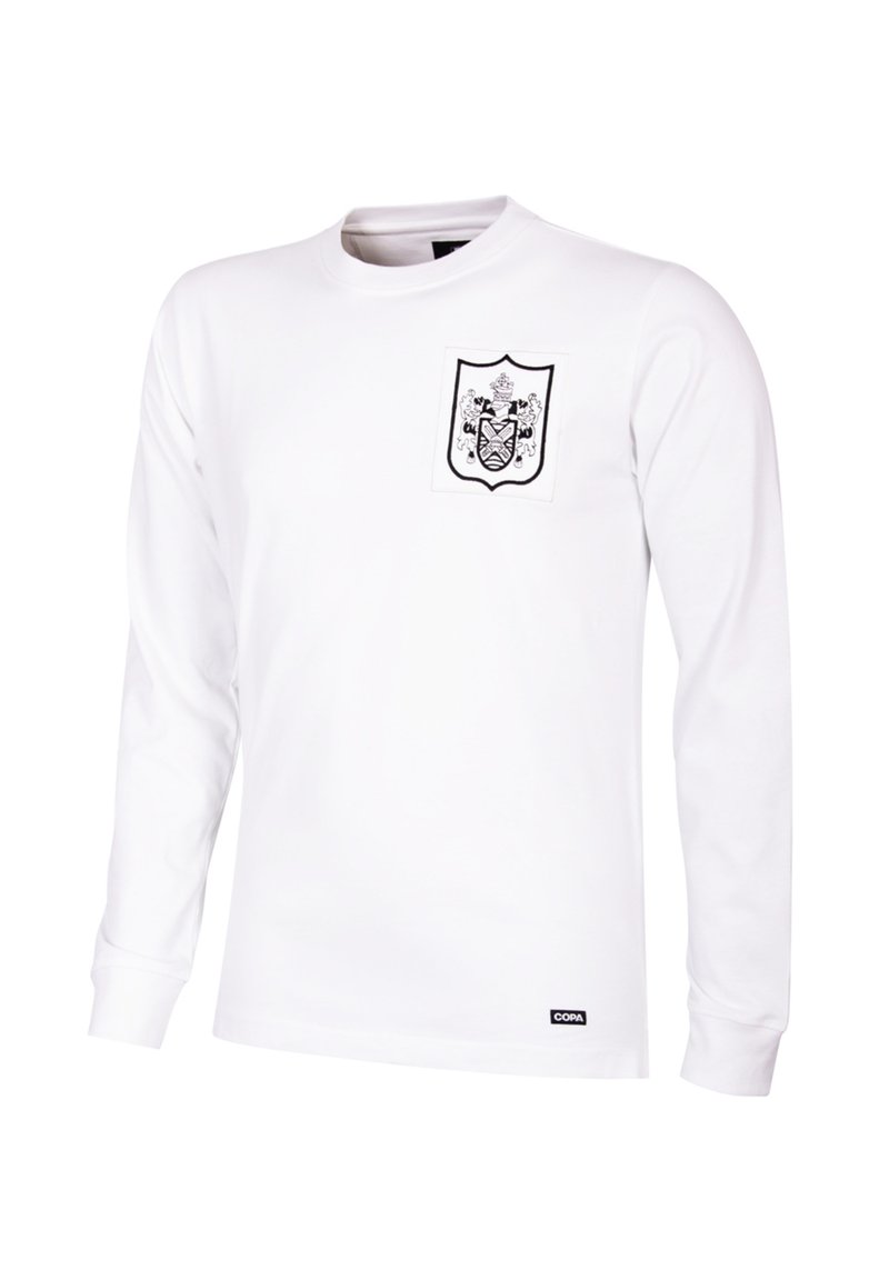 Witte longsleeve t-shirt van katoen, met een zwart schildafbeelding op de borstzak, ronde halslijn en geribde mouwen.