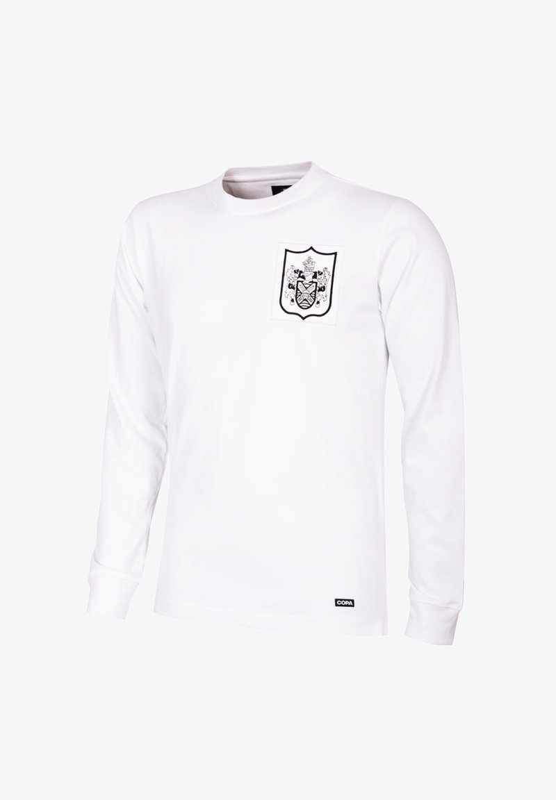 Witte longsleeve t-shirt van katoen, met een zwart schildafbeelding op de borstzak, ronde halslijn en geribde mouwen.