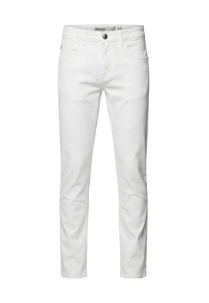 Schmal geschnittene weiße Jeans mit Gürtelschlaufen, vorderem Knopf, Reißverschluss und Fünf-Taschen-Design.