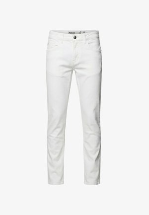 Schmal geschnittene weiße Jeans mit Gürtelschlaufen, vorderem Knopf, Reißverschluss und Fünf-Taschen-Design.