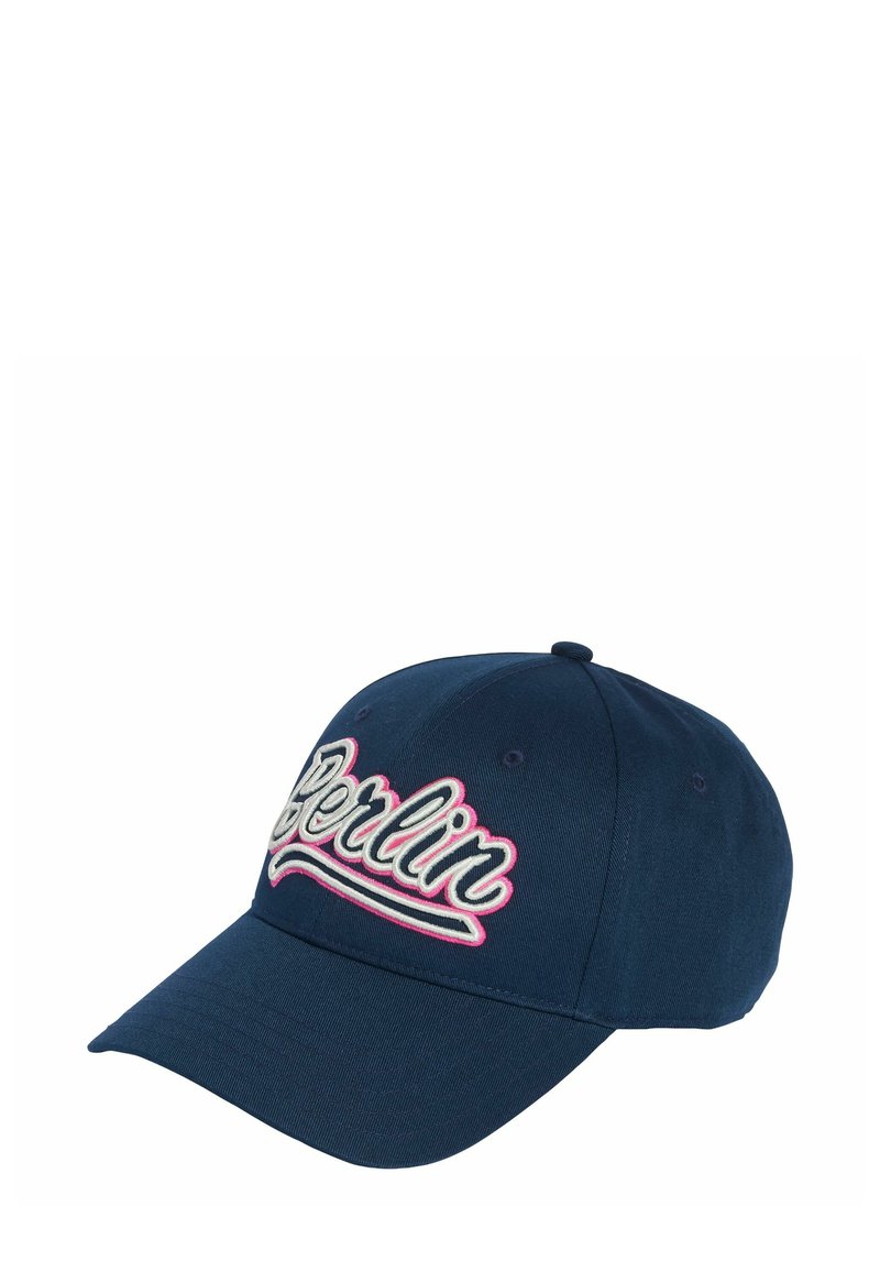 Navy blue cap with a curved brim, features embroidered "Berlin" in white and pink, cotton material, six-panel construction, and ventilation holes.
