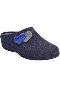 Dark blue felt slippers with a gray and blue heart-shaped embellishment. Flexible black sole with a closed back and rounded toe. Soft texture.