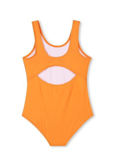 Maillot de bain une pièce orange avec des larges bretelles, un design découpé sur les côtés, et une texture lisse. Aucun motif ni accent présent.