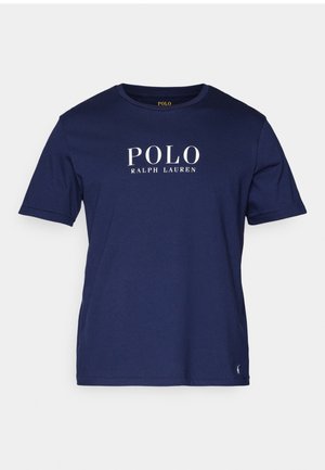 Tamno plavi majica kratkih rukava od pamuka, s bijelim logotipom "POLO RALPH LAUREN" sprijeda i okruglim izrezom.