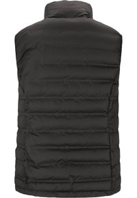 Schwarze Steppweste mit hohem Kragen, gestepptem Design, horizontalen Nähten und glatter Oberfläche. Keine sichtbaren Beschläge oder zusätzlichen Details.