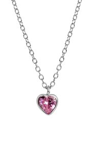 Zilveren ketting met een hartvormige roze edelsteenhanger, helder en facette, gezet in een gepolijst zilveren zetting.