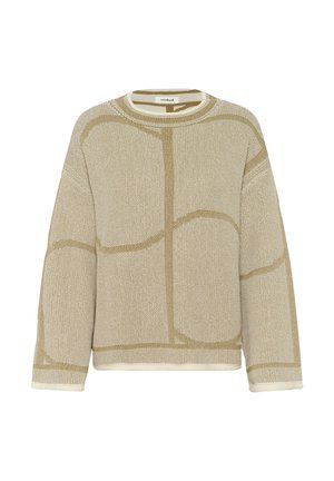 Pulover bej tricotat cu un model texturat, având linii abstracte într-un bej mai închis. Guler rotund, umeri lăsați și manșete cu bordură.
