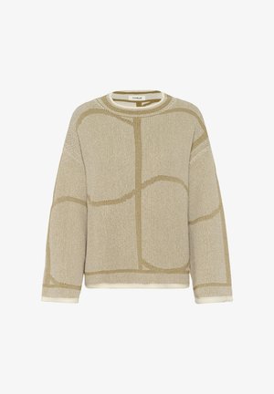 Suéter de punto beige con un patrón texturizado, que presenta líneas abstractas en un beige más oscuro. Cuello redondo, hombros caídos y puños de canalé.