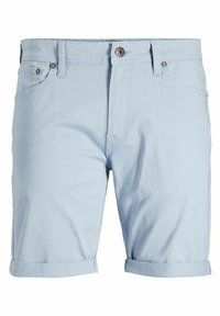 Světlé modré bavlněné šortky s úzkým střihem, s ohrnutými lemy, předními kapsami a zapínáním na knoflík s kovovým akcentem.