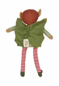 Green cape with gold trim, red head, soft body, striped red and white legs, and green feet; tag visible on the back.