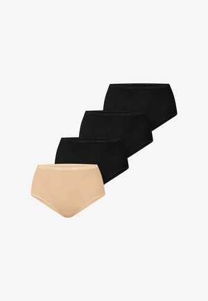 Conjunto de cuatro braguitas de talle alto para mujer, tres negras y una beige, dispuestas en línea diagonal sobre un fondo blanco.