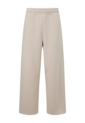 Pantaloni beige a gamba larga con girovita elastico, tessuto liscio e senza tasche o decorazioni visibili, mostrati su uno sfondo bianco.