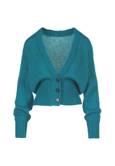 Miękka, tealowa krótsza kardiganka z głębokim dekoltem w serek, prążkowanymi mankietami i czterema ciemnymi guzikami z przodu.