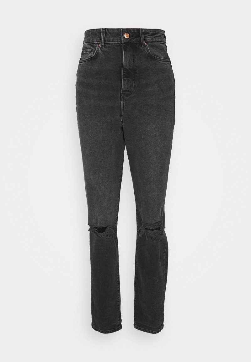 Sort, højtaljede cowboybukser med slidte knærevner, klassisk fem-lomme design og lukning med metal knap.