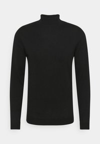 Pull en col roulé noir, manches longues, en tissu tricoté doux, design ajusté, poignets et ourlet côtelés, style simple et minimaliste.