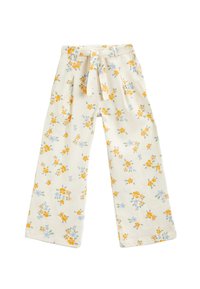 Pantalons larges floraux en tissu blanc avec des fleurs jaunes et bleues. Dotés d'une ceinture à nouer et de plis pour plus de détails.