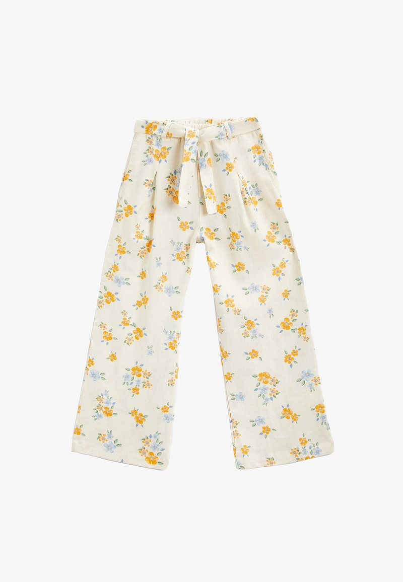 Floral wide-leg pants in white fabric with yellow and blue flowers. Features a tie waistband and pleats for added detail.