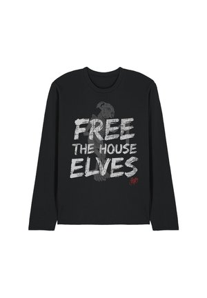 Black long-sleeve shirt with gray text "Free the house elves" and a faint illustration of a house elf in the background, with a small red Harry Potter logo.