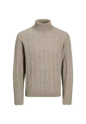 Beige knitted turtleneck sweater with ribbed texture, long sleeves, and a fitted collar, featuring a chevron pattern across the body.