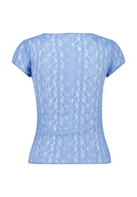 Light blue short-sleeve lace blouse with floral pattern, fitted waist, and slightly transparent fabric shown from the back.