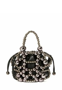 Borsa a tracolla nera in pelle decorata con perline sferiche metalliche, caratterizzata da un design arricciato e una maniglia corta, con una superficie texturizzata.
