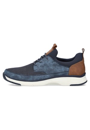 Casual shoes featuring a navy mesh upper with dark blue synthetic accents and a brown leather heel. White rubber sole with traction pattern.