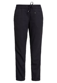 Zwarte, relaxte broek met een elastische tailleband en een trekkoord. Beschikt over twee zijzakken en een gladde, textuurstof.