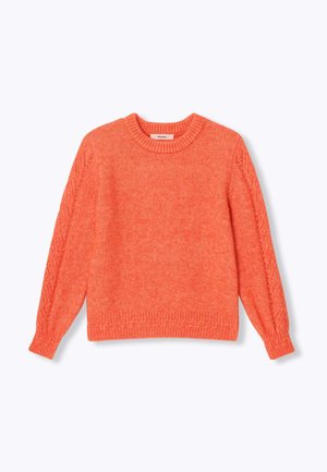Pull tricoté orange avec un col rond, ourlet et poignets côtelés, orné de détails en torsades sur les manches. Texture douce et coupe décontractée.