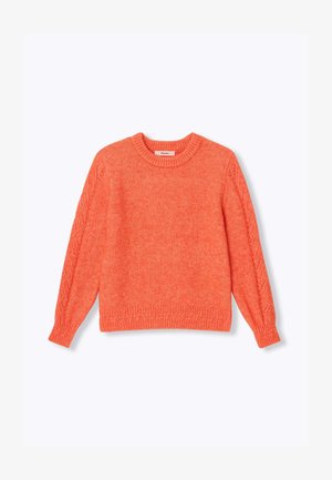 Pull tricoté orange avec un col rond, ourlet et poignets côtelés, orné de détails en torsades sur les manches. Texture douce et coupe décontractée.