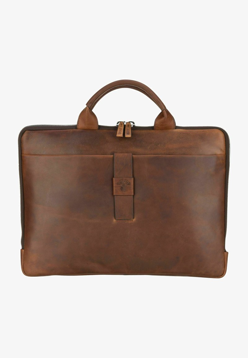 Braune Leder-Laptop-Tasche mit oberen Griffen, Reißverschlussverschluss, dekorativem Frontriemen und strukturierter Oberfläche. Mit eingeprägtem Logo-Detail.