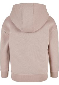 Felpa con cappuccio rosa chiaro, maniche lunghe, polsini e orlo a coste, fotografata da dietro su uno sfondo bianco.
