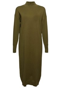 Robe pull longue vert olive en maille, avec manches longues et col montant, agrémentée de poignets et d'un ourlet côtelés.
